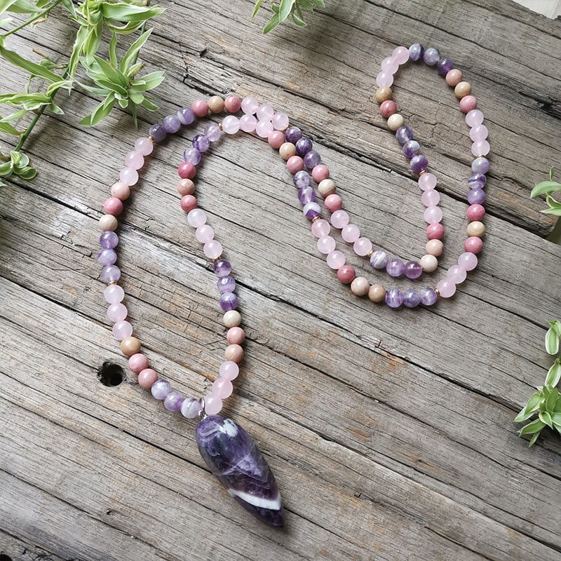 8mm Natural Stone Beads,Rose Quartz Pendant Necklace,Amethyst,Charming Colors Bracelet,Meditation,Inspirational,108 Mala Beads Metamorphidi