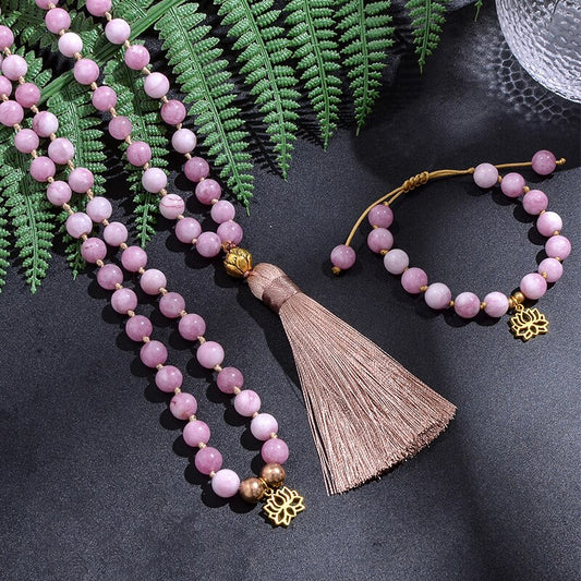 108 Mala Kunzite Tassel Necklaces and Golden Lotus Charm Bracelets