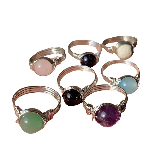 Natural Stone Wire Wrapped Crystal Rings