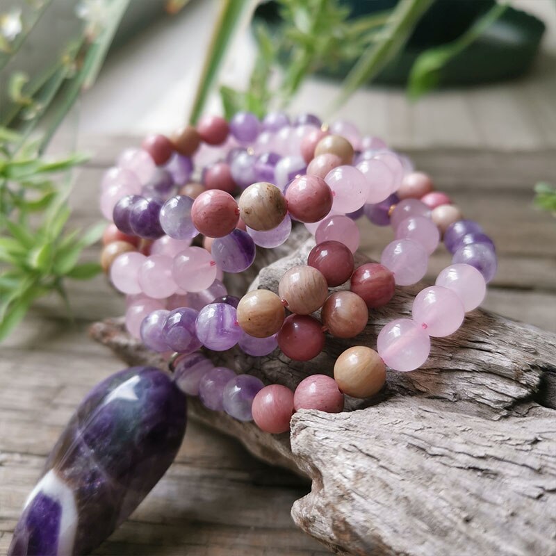 8mm Natural Stone Beads,Rose Quartz Pendant Necklace,Amethyst,Charming Colors Bracelet,Meditation,Inspirational,108 Mala Beads Metamorphidi