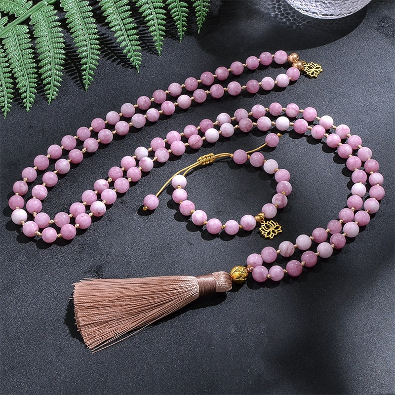 108 Mala Kunzite Tassel Necklaces and Golden Lotus Charm Bracelets