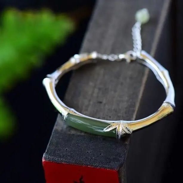 S925 Sterling Silver Bracelet Natural Hetian Jade Festival High Ethnic Style Bamboo Bracelet Adjustable Opening Bangle Bracelet Metamorphidi